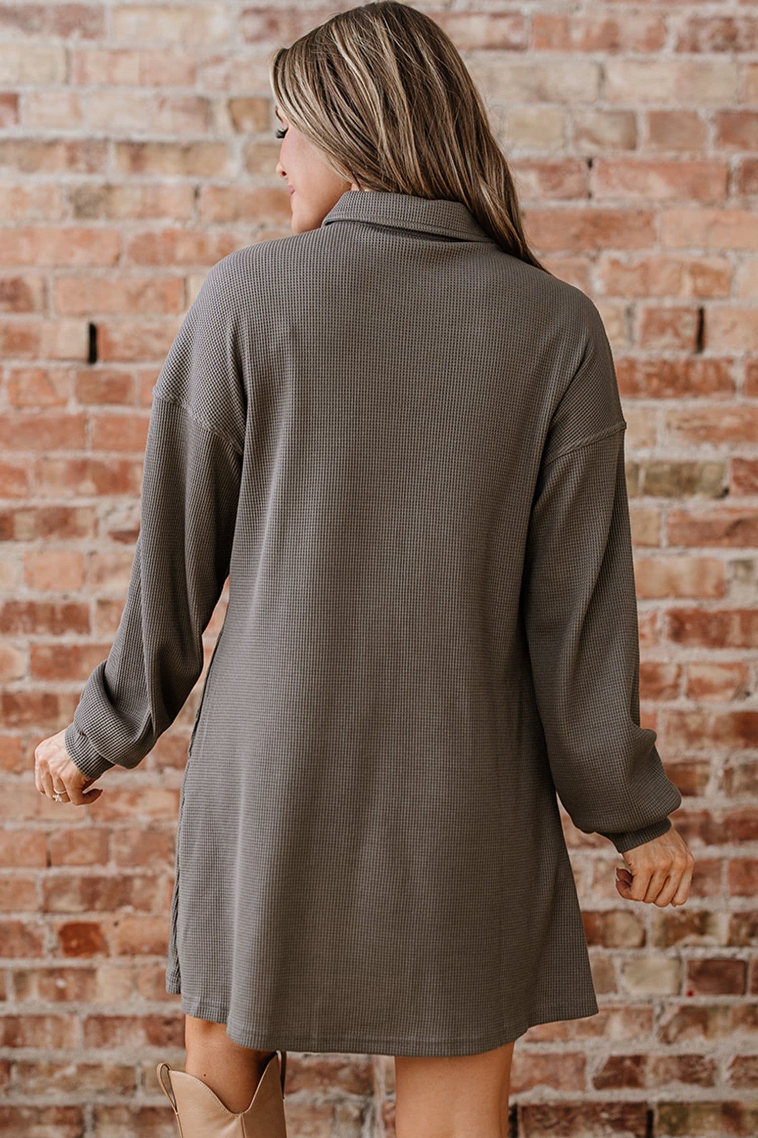 image-Simply Taupe Waffle Knit Tunic Dress