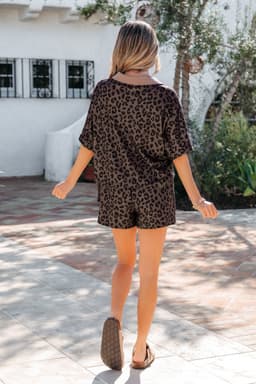 image-Brown V Neck Collar Leopard Printed 2pcs Short Set