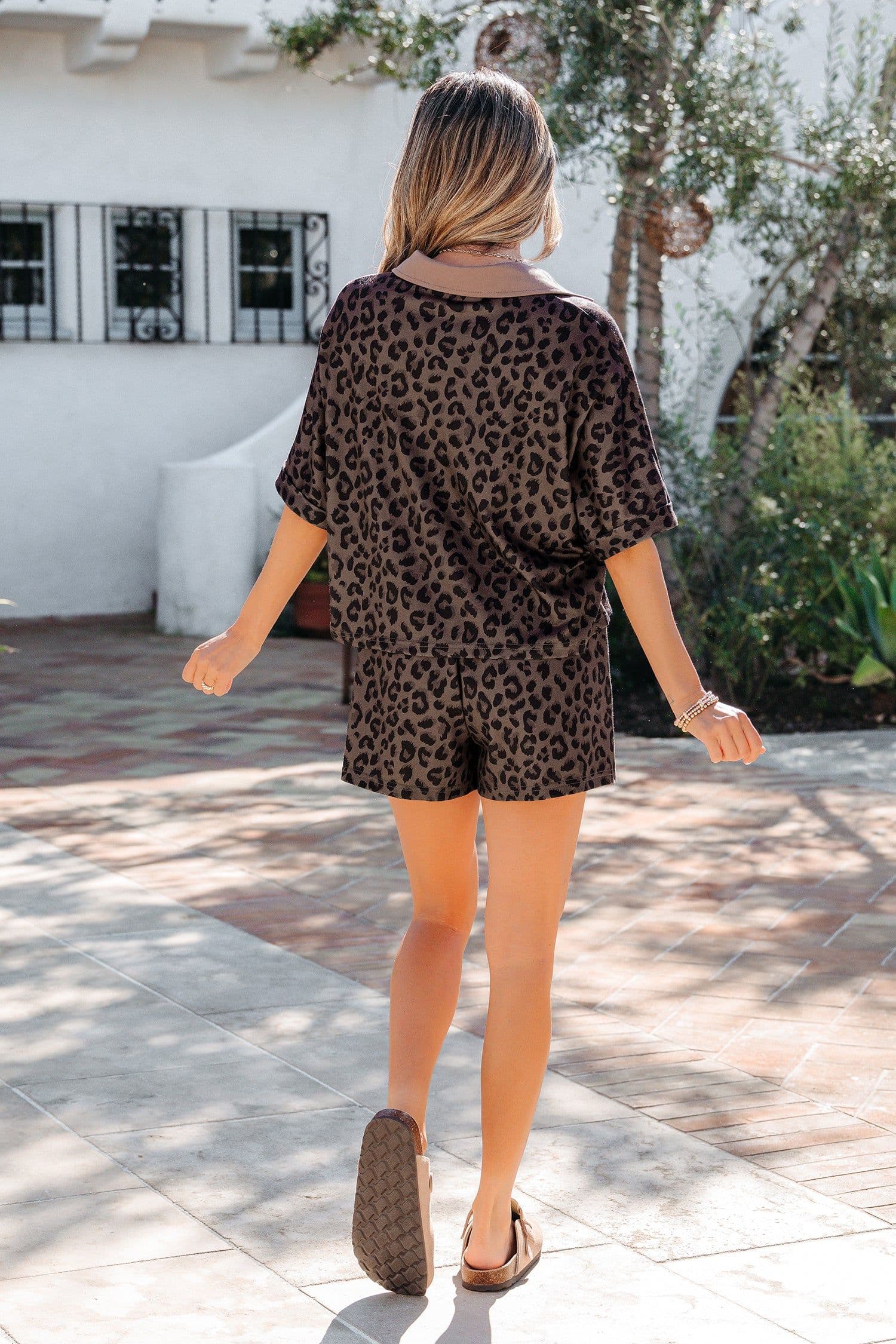 image-Brown V Neck Collar Leopard Printed 2pcs Short Set