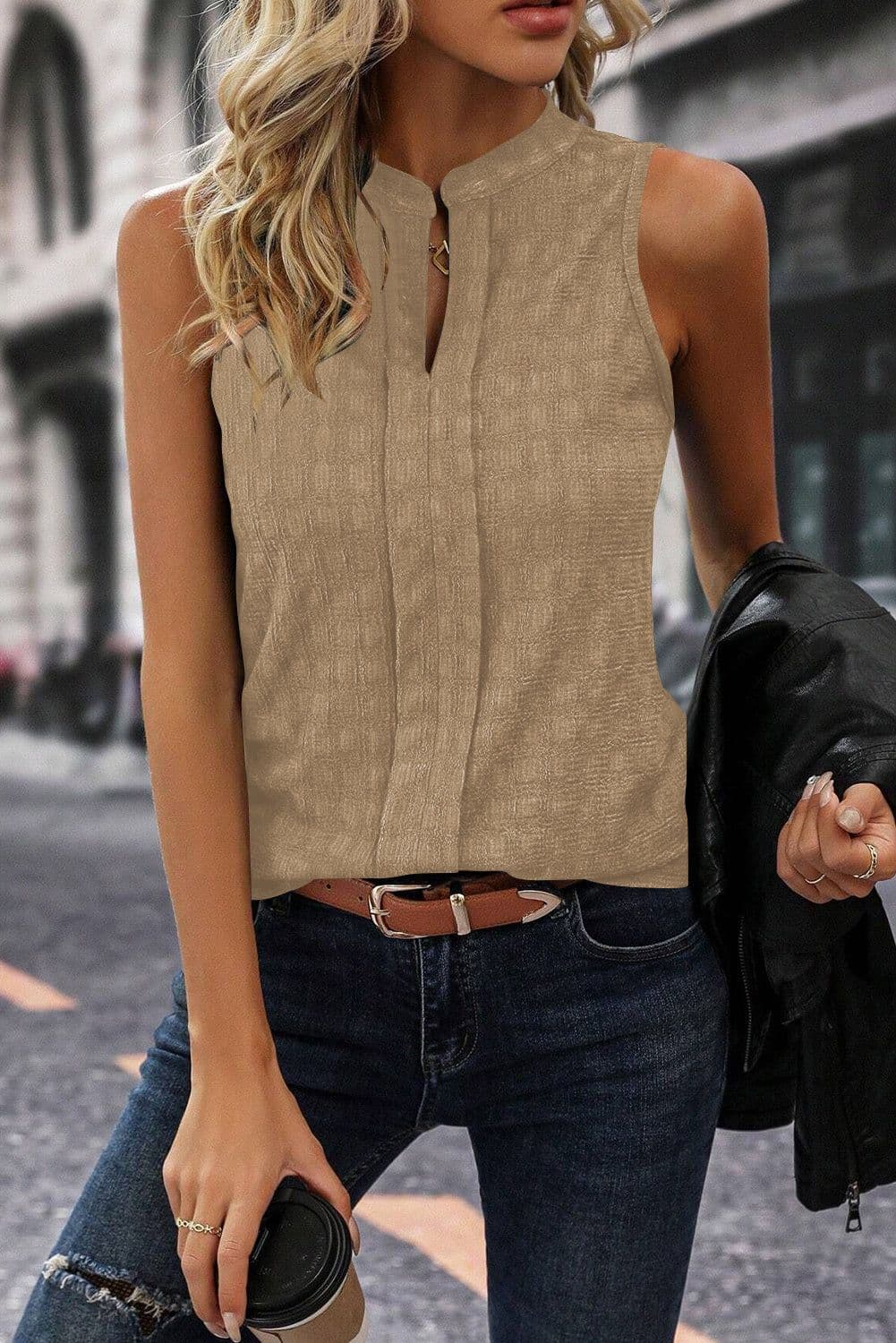 image-Black Lattice Split Neck Tank Top