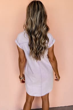 image-Orchid Petal Short Sleeve Double Chest Pocket Denim Shirt Dress