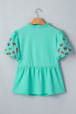 image-Sachet Pink Blouse Flower Embroidered Frilled V Neck