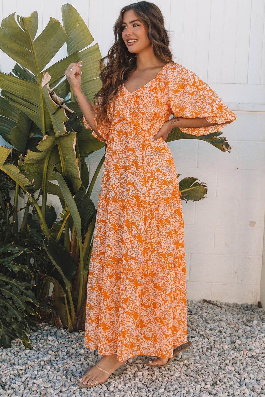 image-Orange Floral Smocked V Neck Maxi Dress Wide Sleeve