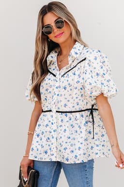 image-White Contrast Trim Floral Puff Short Sleeve Shirt