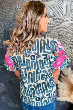 image-Beige Embroidered Puff Sleeve Top with Frilled Neck (54 characters)