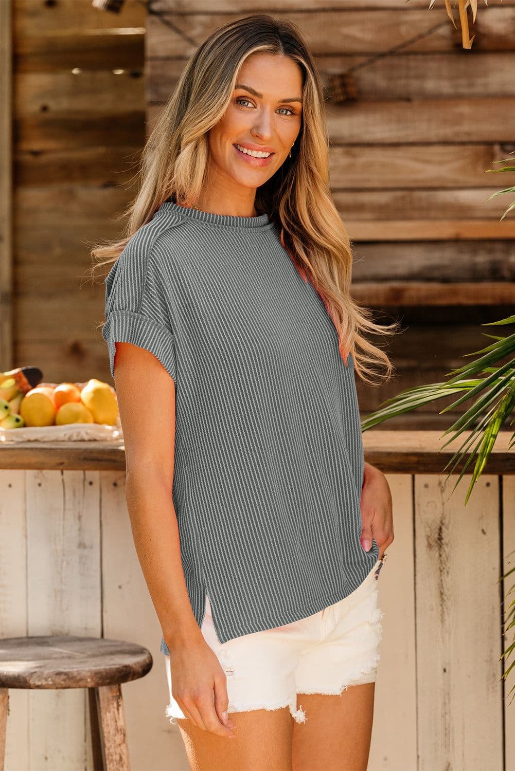 image-Medium Grey Textured Knit T-shirt with Exposed Stitching