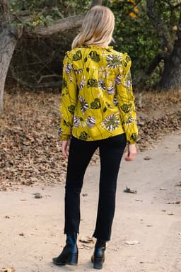 image-Yellow Vintage Floral V Neck Ruffle Trim Long Sleeve Blouse