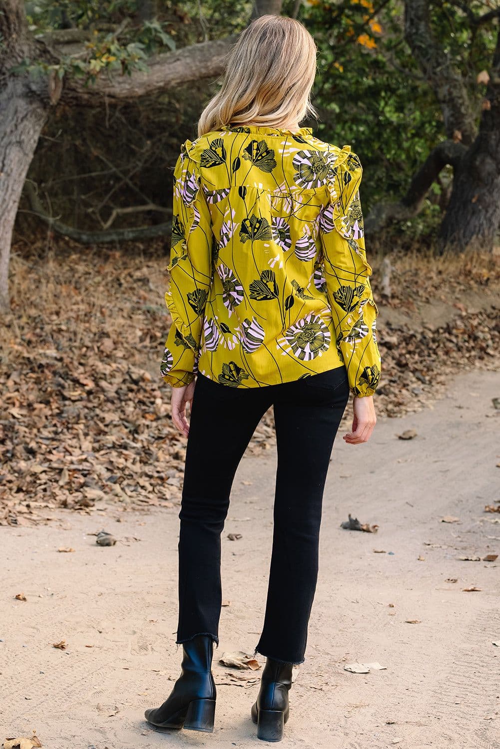 image-Yellow Vintage Floral V Neck Ruffle Trim Long Sleeve Blouse