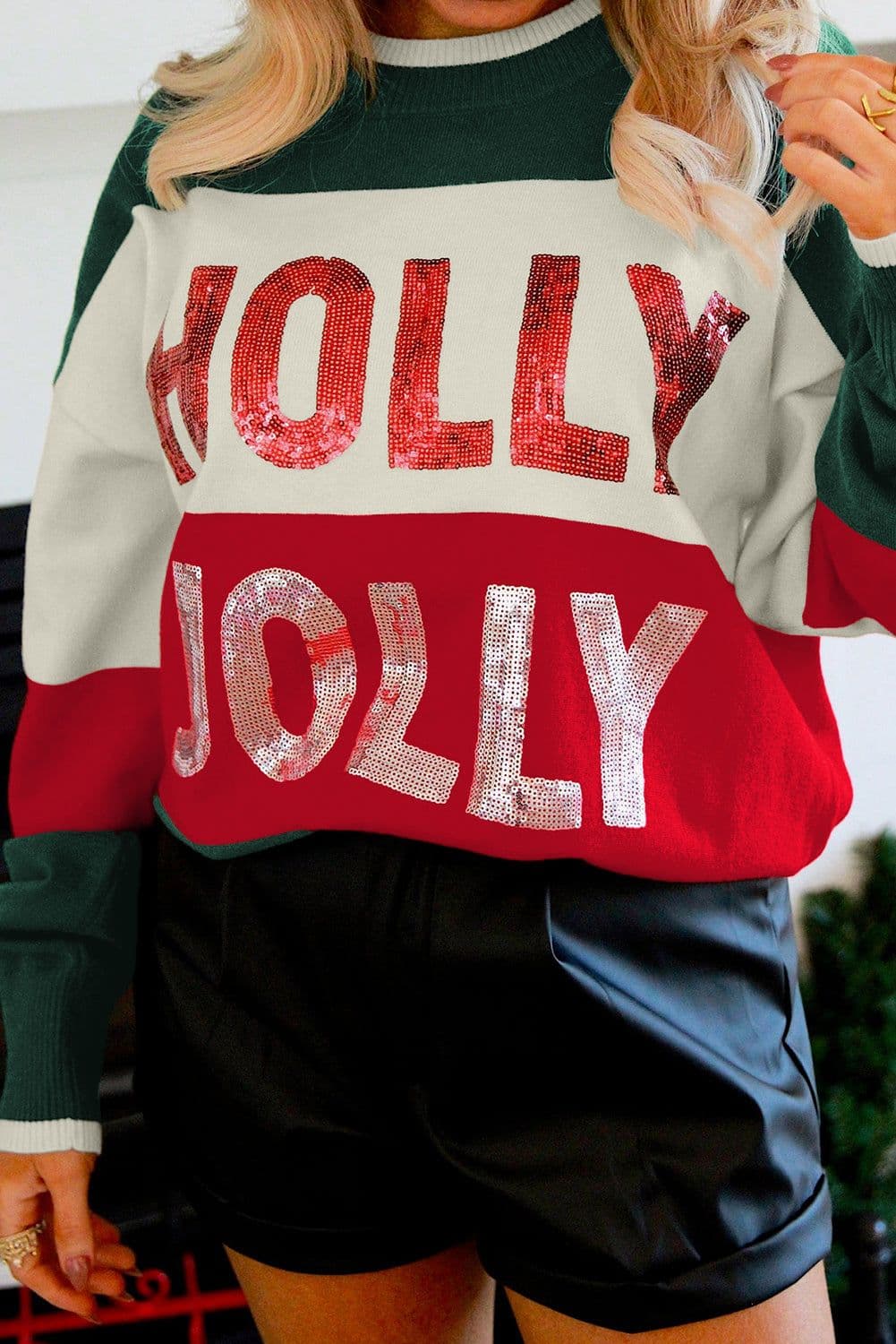 image-Pink Sequined Holly Jolly Crew Neck Sweater