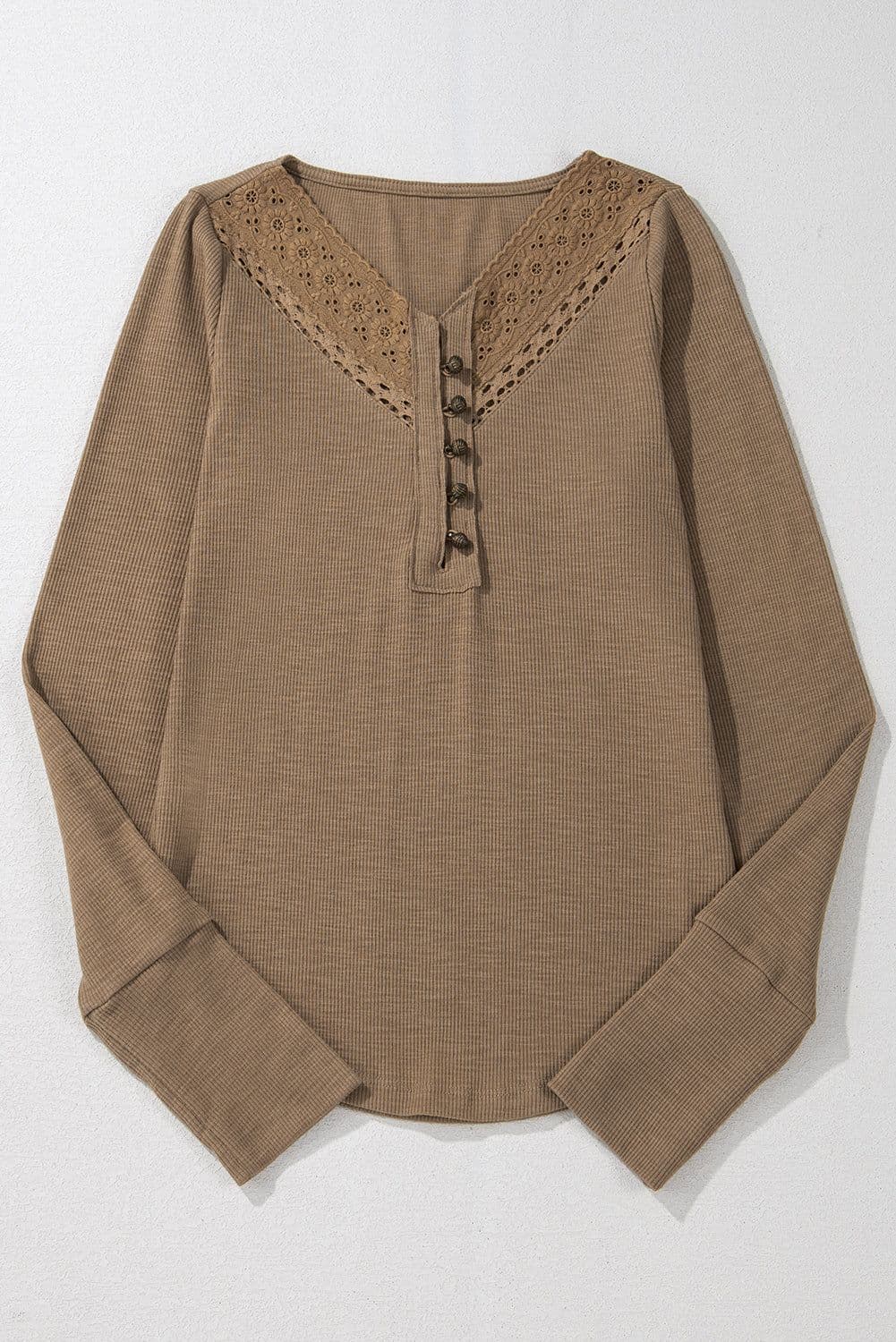 image-Anglicized Broider Ribbed Long Sleeve Top - Elegant, Chic, High Elasticity