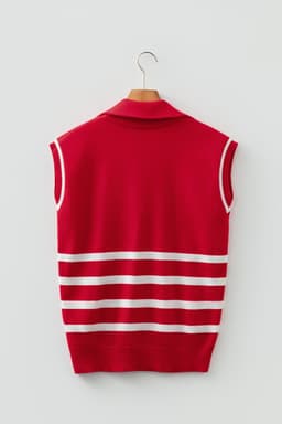 image-Fiery Red Quarter Zip Striped Detail Short Sleeve Sweater