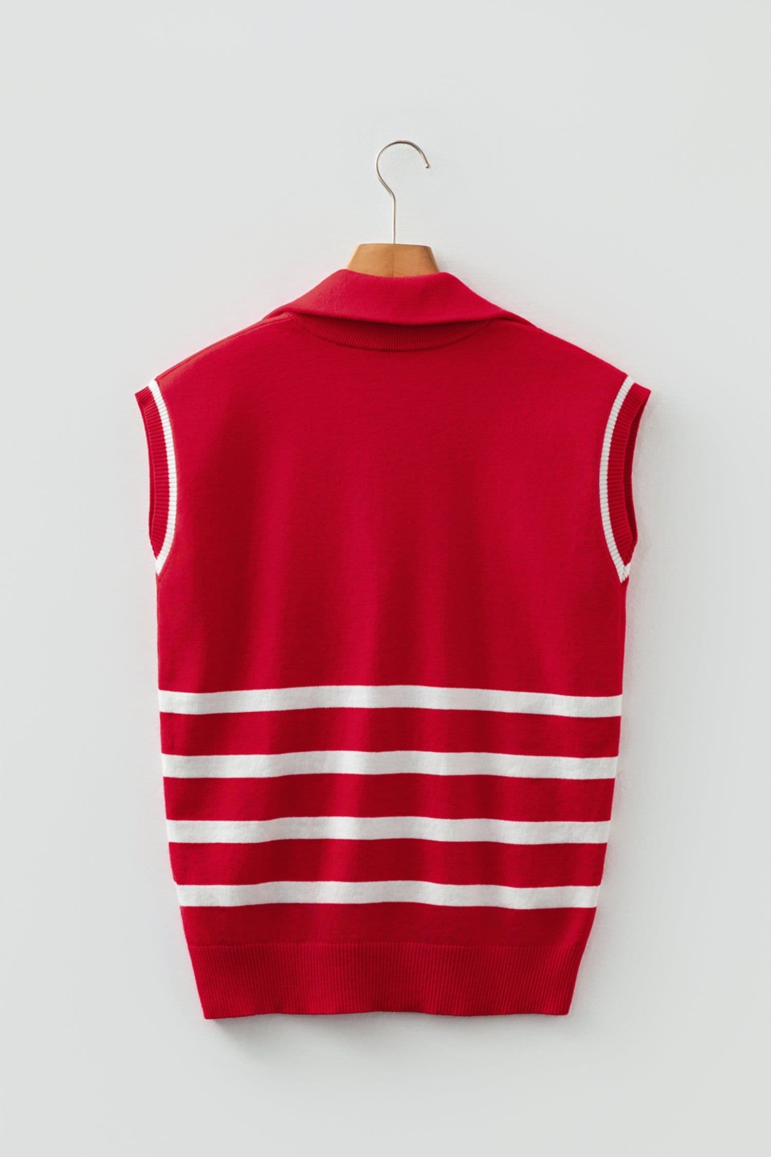 image-Fiery Red Quarter Zip Striped Detail Short Sleeve Sweater