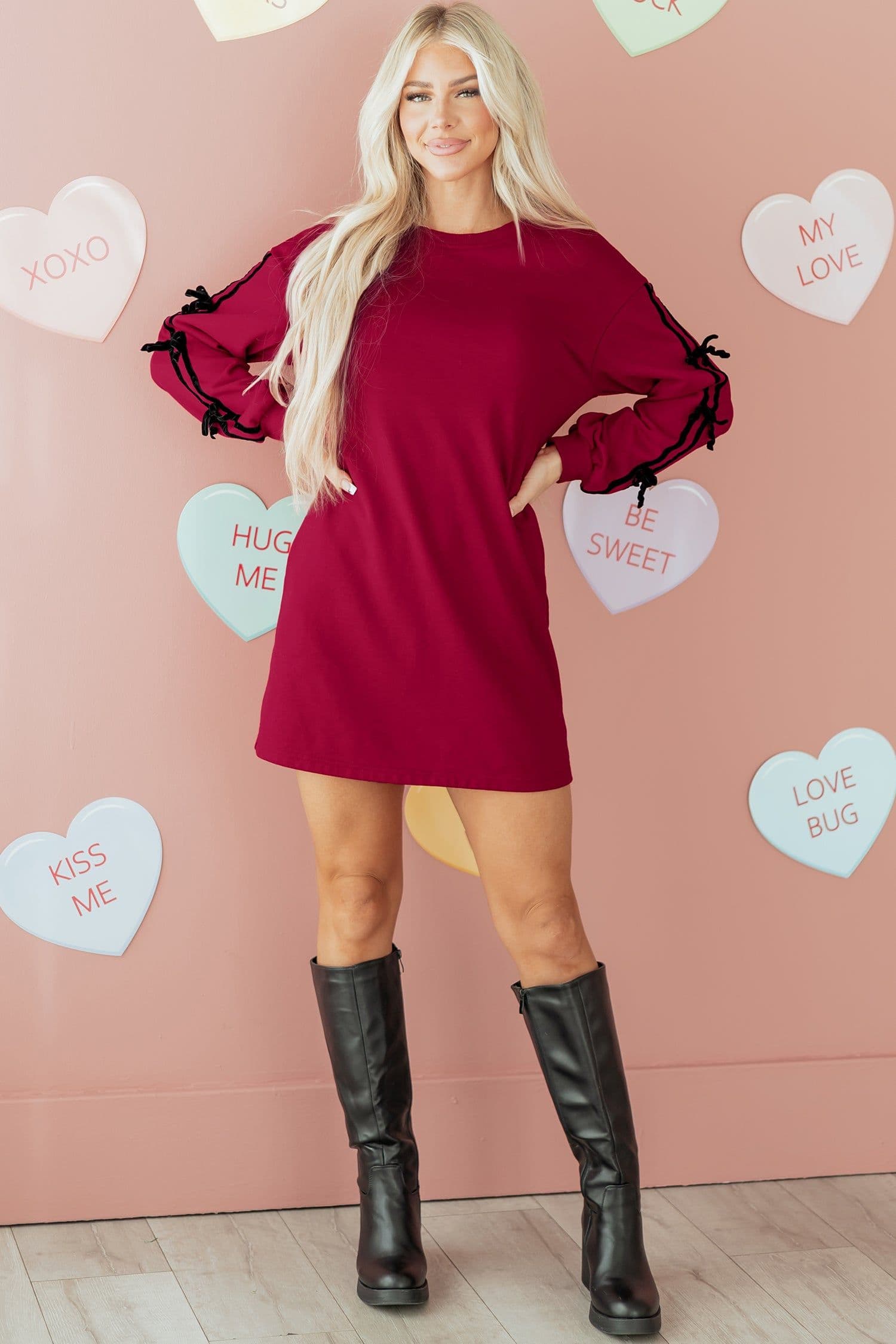 image-Racing Red Contrast Striped Bow Detail Drop Shoulder Sweatshirt Dress with Pockets