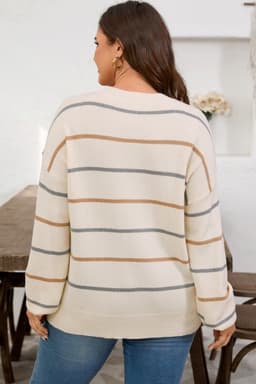 image-Multicolour Striped Drop Shoulder Plus Sweater
