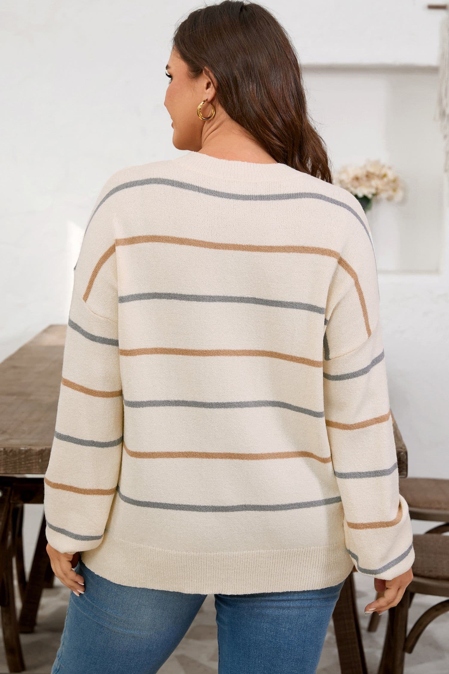 image-Multicolour Striped Drop Shoulder Plus Sweater