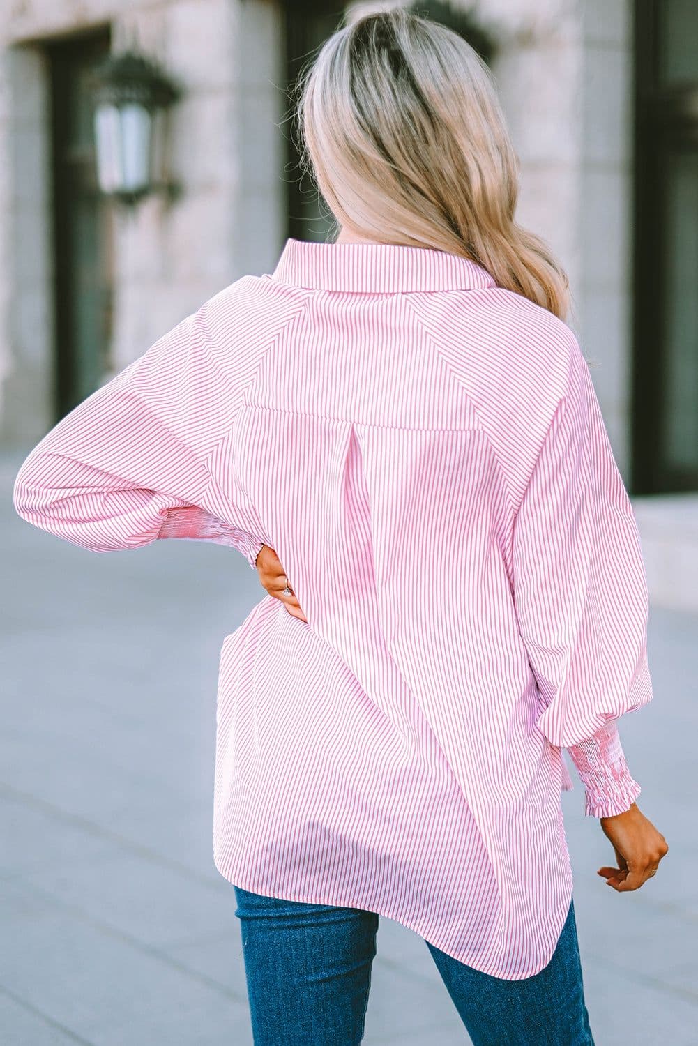 image-Sky Blue Striped Boyfriend Shirt with Pocket - Smocked Cuffs