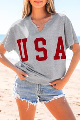 image-Light Grey USA Lettering Patch Notched Neck Loose Tee
