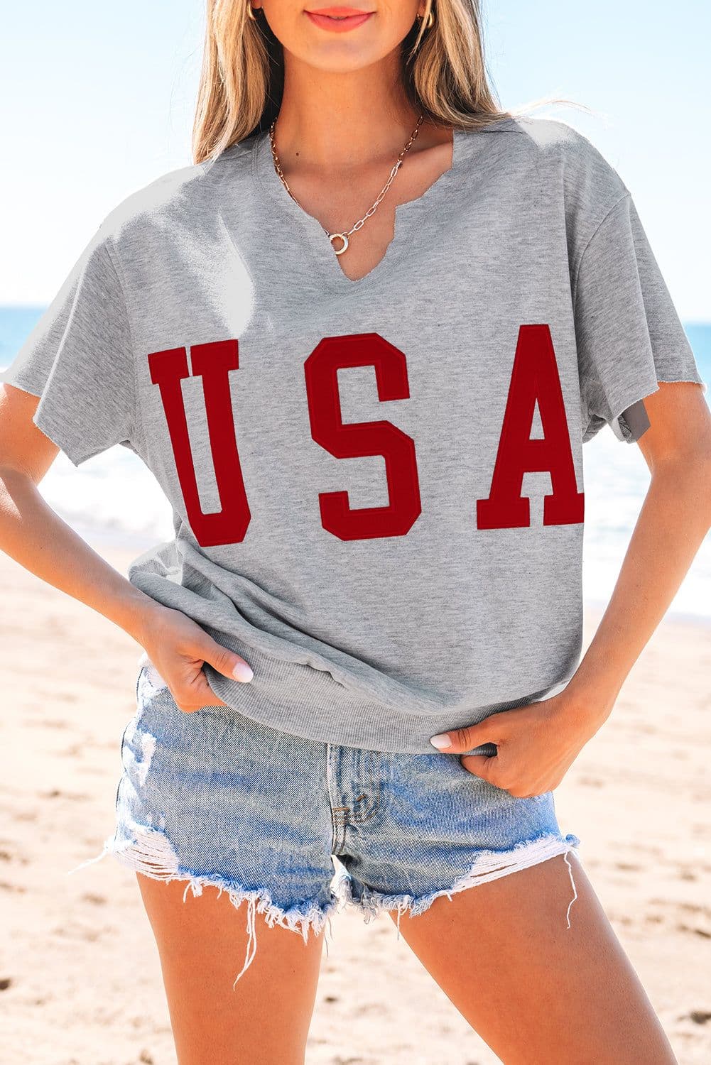 image-Light Grey USA Lettering Patch Notched Neck Loose Tee