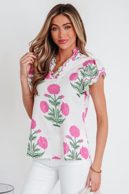 image-Blue Wild Flower Print Contrast Trim Scallop Detail Short Sleeve Blouse