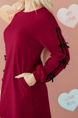 image-Racing Red Contrast Striped Bow Detail Drop Shoulder Sweatshirt Dress with Pockets