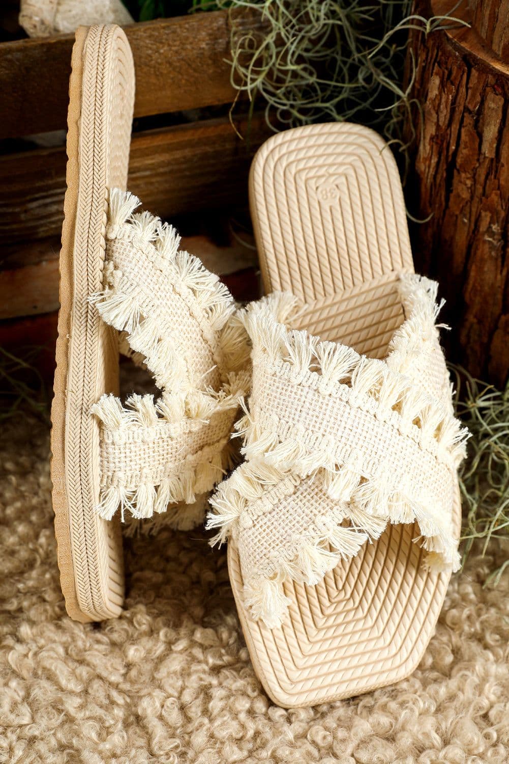 image-Woven Tassel Flat Slippers - Beige Crossed Straps