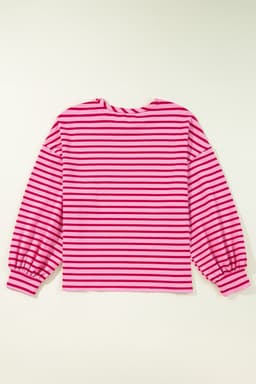 image-Pink Striped Print Crew Neck Sweatshirt - Drop Shoulder Loose Fit