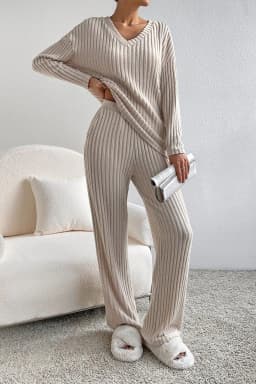 image-Ribbed Knit V Neck Slouchy Two-Piece Outfit - Khaki Modern Chic