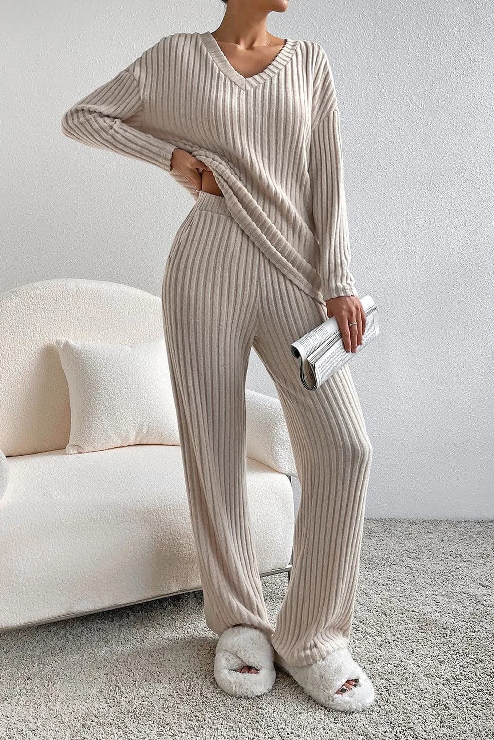 image-Ribbed Knit V Neck Slouchy Two-Piece Outfit - Khaki Modern Chic