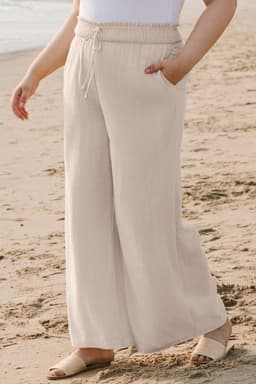 image-Beige Smocked High Waist Wide Leg Plus Size Pants