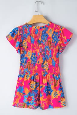 image-Floral Print Smocked Ruffle Trim Sleeve Blouse - Rose Red