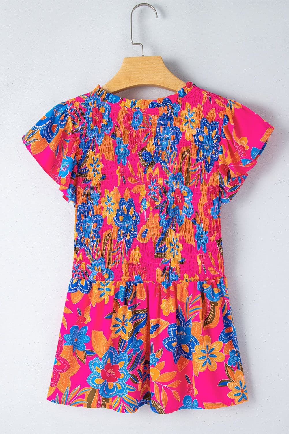image-Floral Print Smocked Ruffle Trim Sleeve Blouse - Rose Red