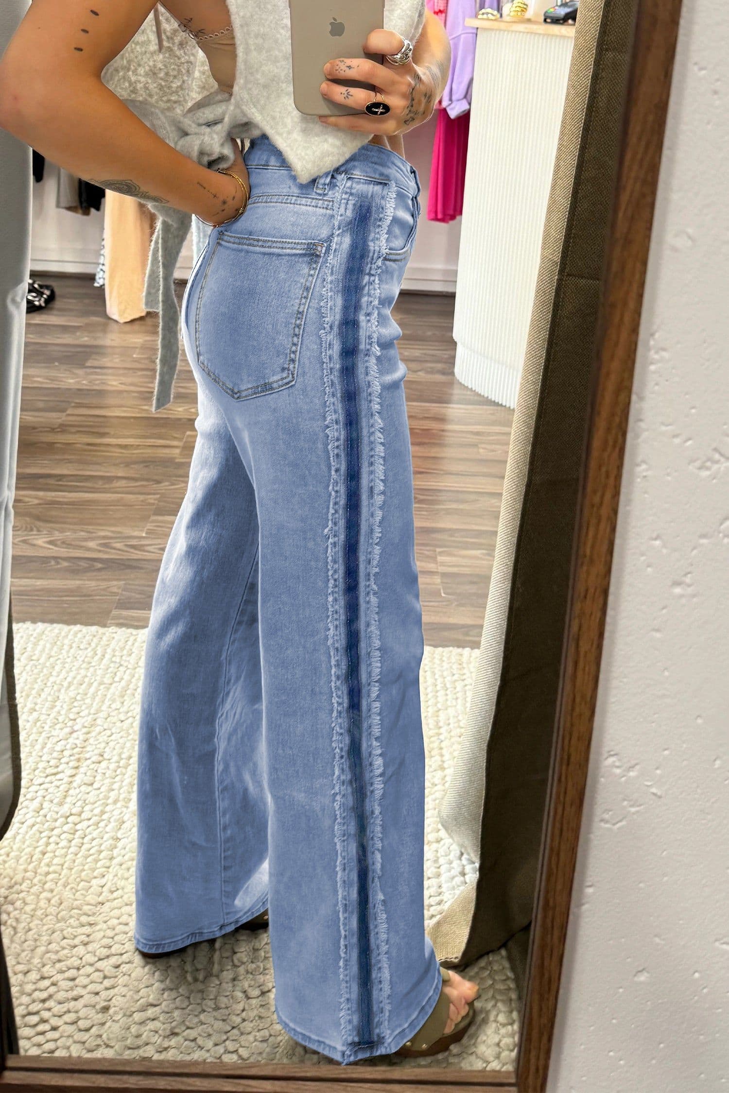 image-Beau Blue Contrast Stripe Frayed Side Panel Patchwork Shift Jeans