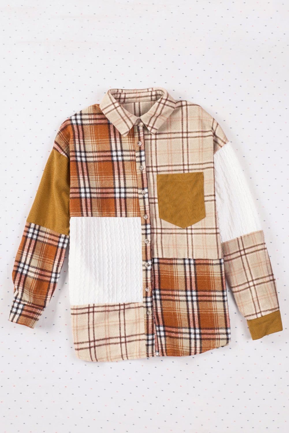 image-Plaid Color Block Patchwork Shirt Jacket - Orange, Sizes S-2XL