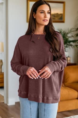 image-Bright Pink Waffle Knit Patchwork Long Sleeve Top
