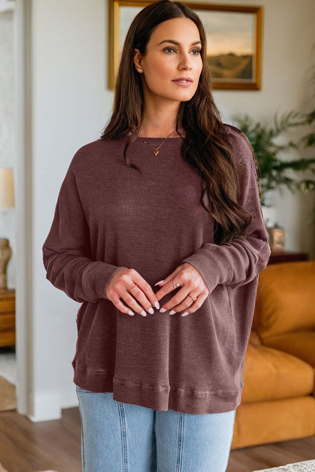 image-Bright Pink Waffle Knit Patchwork Long Sleeve Top