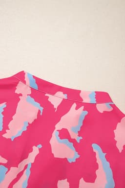image-Rose Abstract Print Smocked Puff Sleeve V Neck Blouse