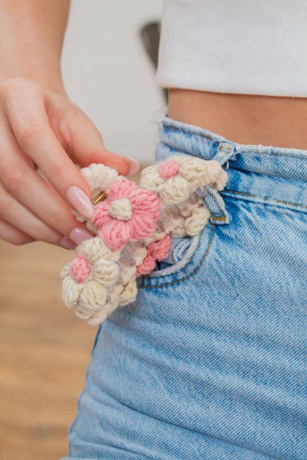 image-Pink Flower Crochet Hair Claw Clip Large