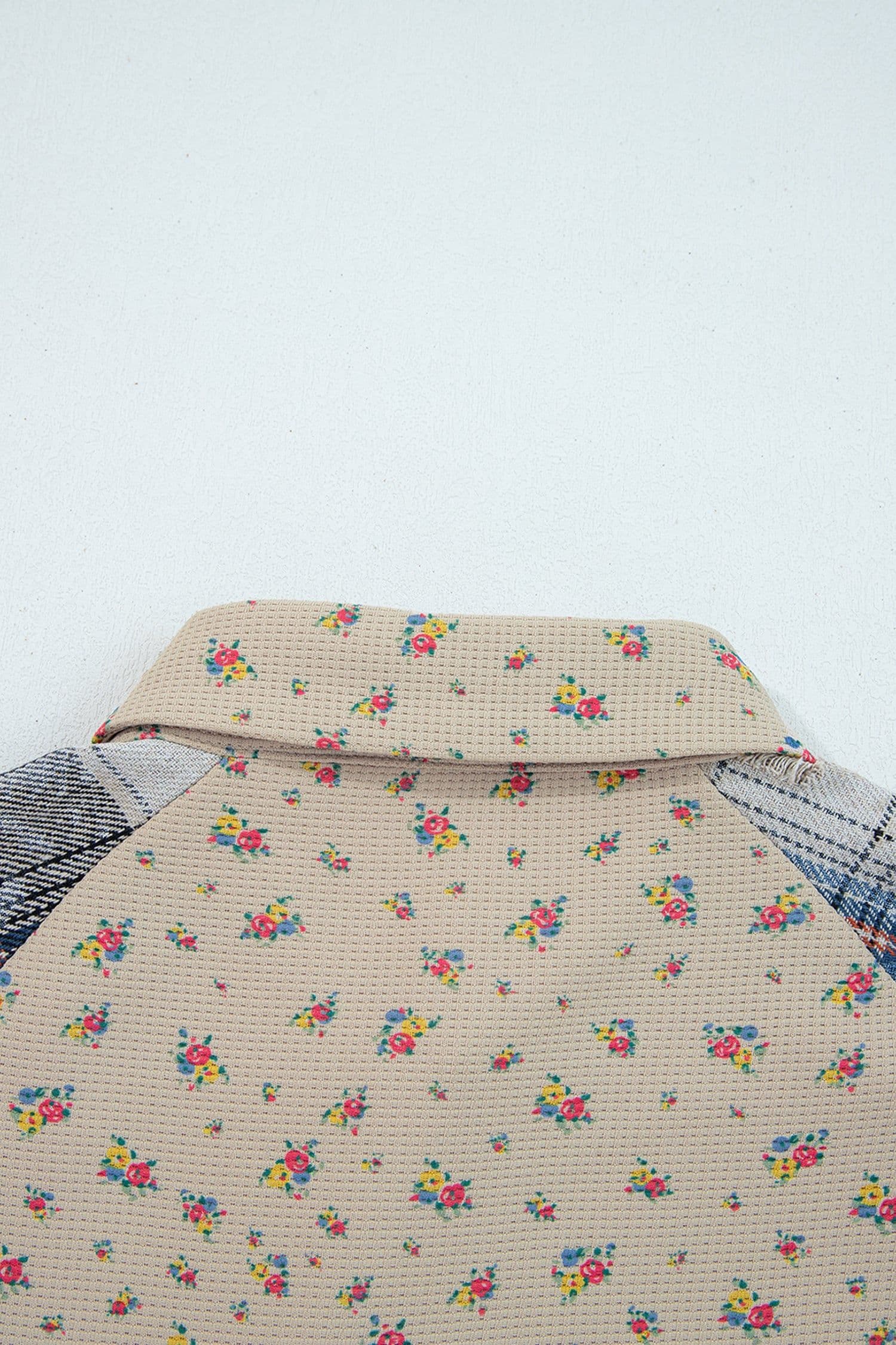 image-Mist Green Boho Floral Plaid Patchwork Distressed Detail Ruffled Sleeve Waffle Knit Shacket