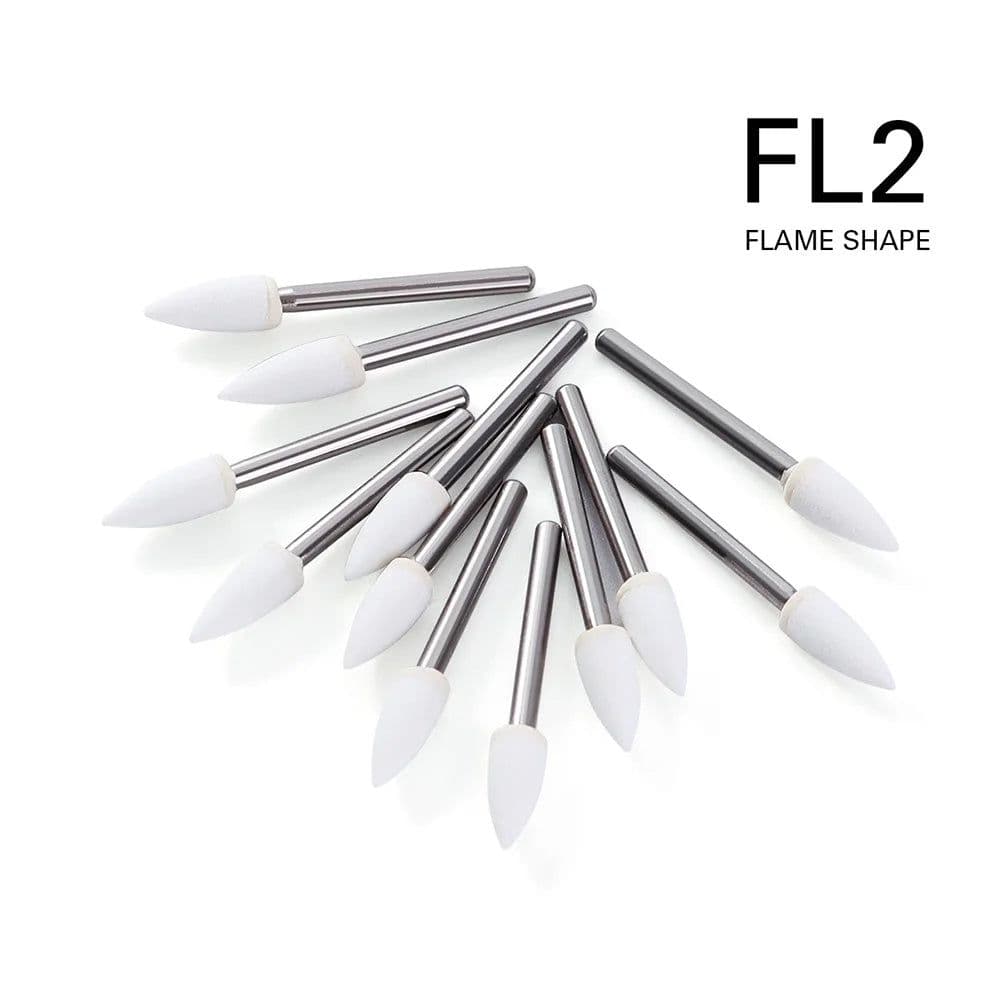 image-(12pcs/box)Dia1.6mm Azdent White Stone Polishing Burs for Finishing Porcelain Enamel & Composite Resin Flame/Cone/Round Shape