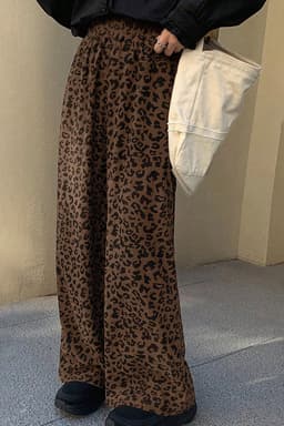 image-Dark Brown Leopard Corduroy Pants High Waist