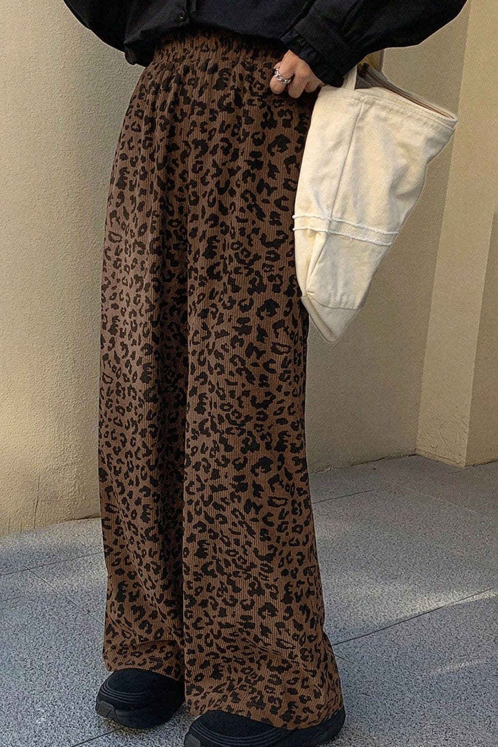 image-Dark Brown Leopard Corduroy Pants High Waist