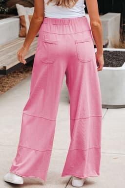 image-Smoke Gray Mineral Wash Exposed Seam Drawstring Elastic Waistband Wide Leg Cargo Pants