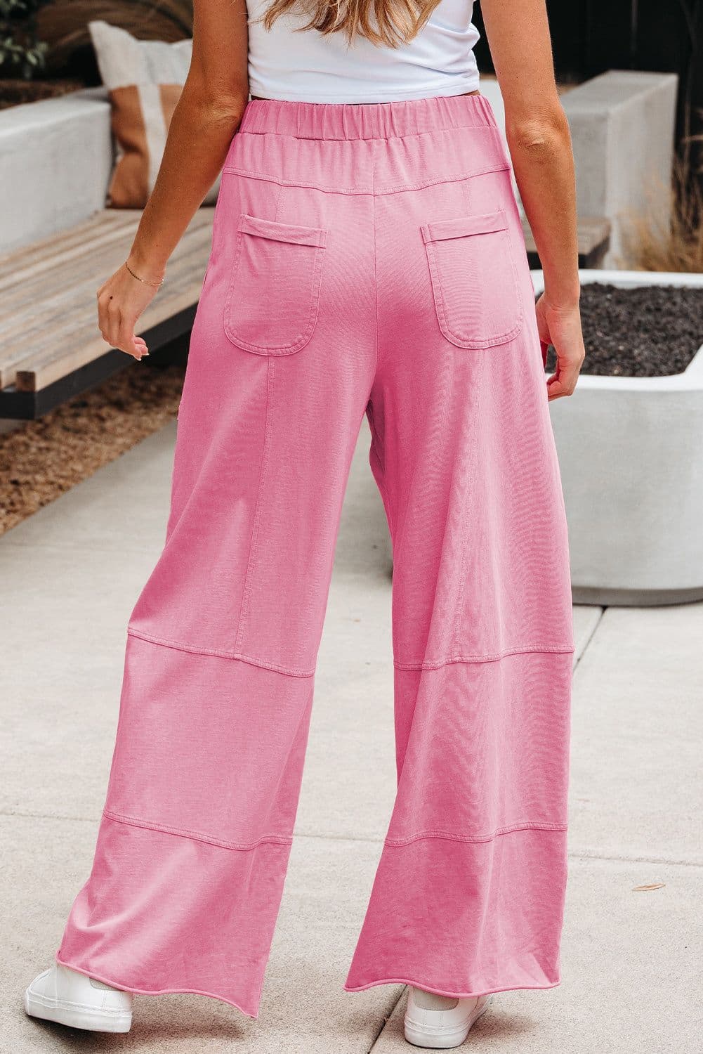image-Smoke Gray Mineral Wash Exposed Seam Drawstring Elastic Waistband Wide Leg Cargo Pants