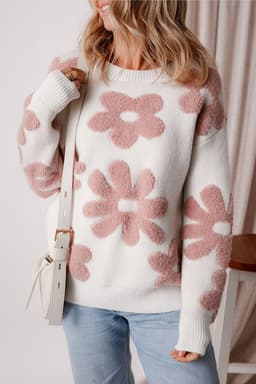 image-White Textured Flower Drop Shoulder Loose Sweater
