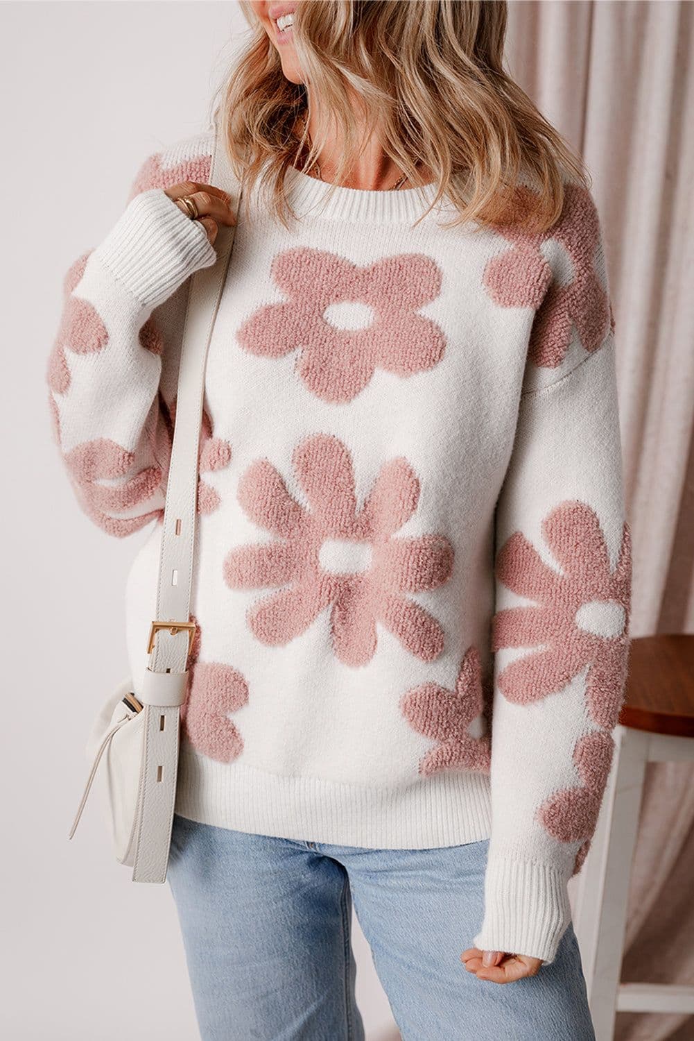image-White Textured Flower Drop Shoulder Loose Sweater