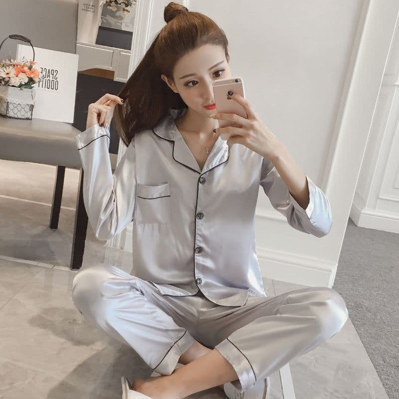 image-Women's Silk Pajamas Set - Long Sleeve Black Cardigan