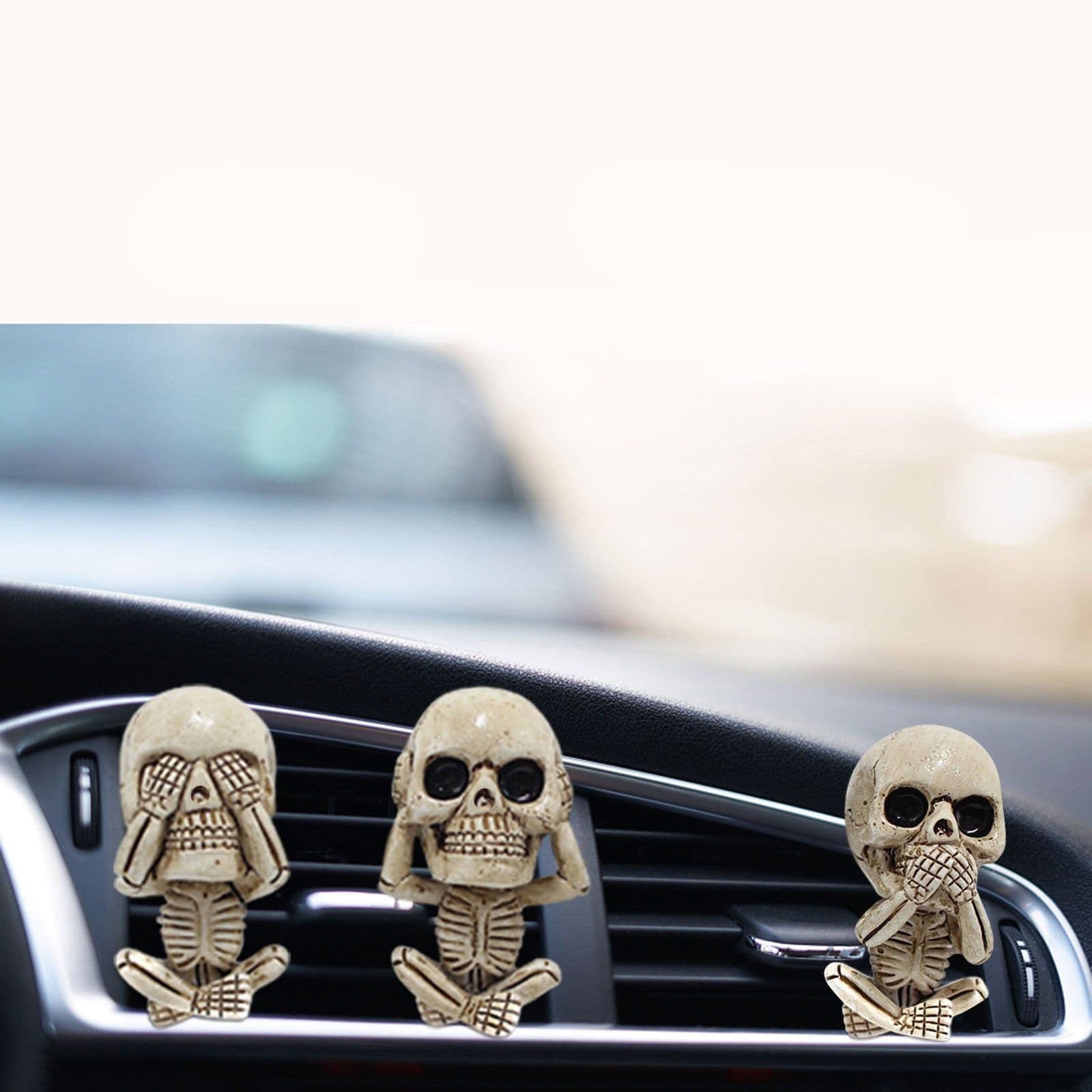 image-Skull Car Ornaments Air Outlet Ghost Head Three-piece Interior Pendant Decoration Ornament Ghost Head Desktop Figurines Decor