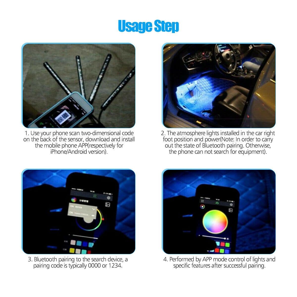 image-Auto LED RGB Interior Atmosphere Strip Light Decorative Foot Lamp With USB Wireless Remote Music Control Multiple Modes For Car