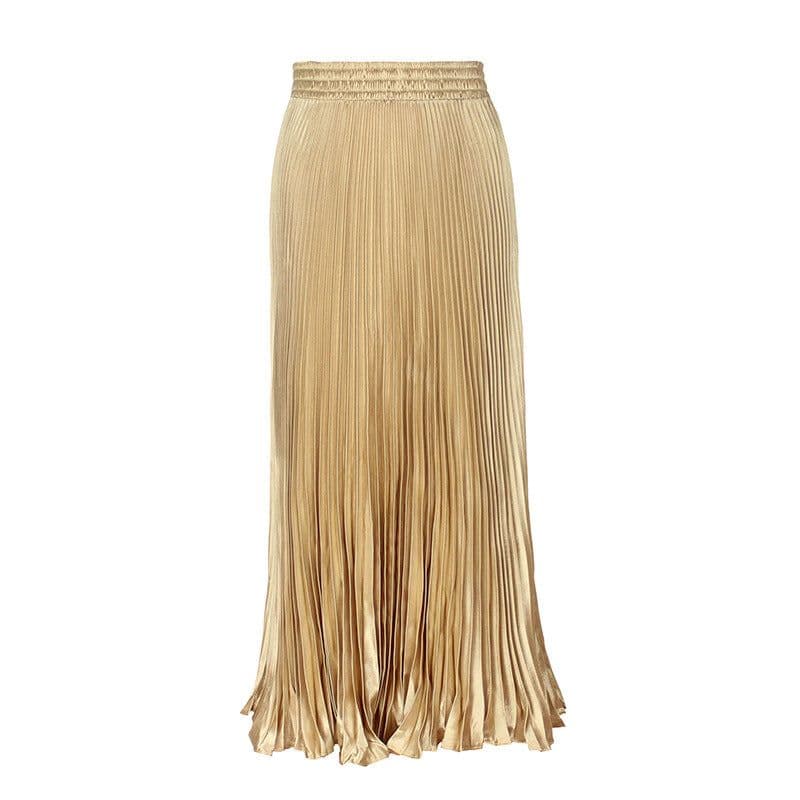 image-European Satin Metallic Pleated Skirt - Long, Elegant, One Size