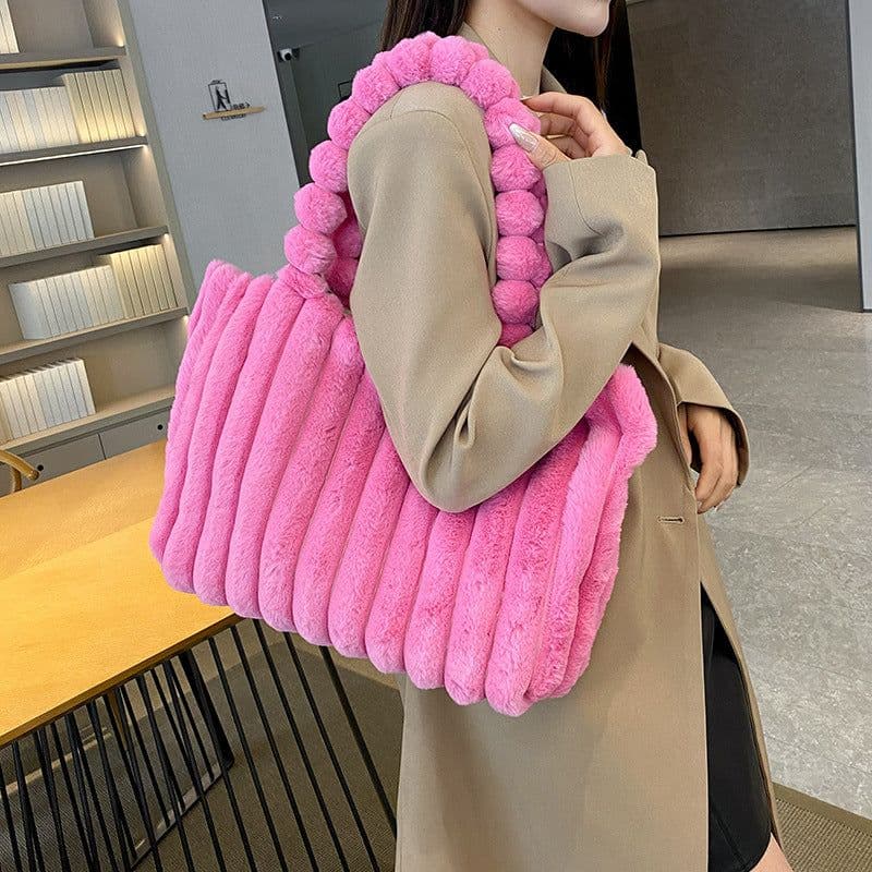 image-Striped Design Plush Bag Winter Fashion Shoulder Armpit Bags Large Capacity Furry Handbags Portable Cute Shopping Tote Bag